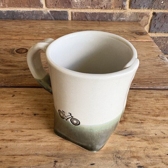 Handmade Pottery Coffee Mug Colleen Deiss  Bicycles Cream Green Glazed Ceramic - Picture 5 of 12